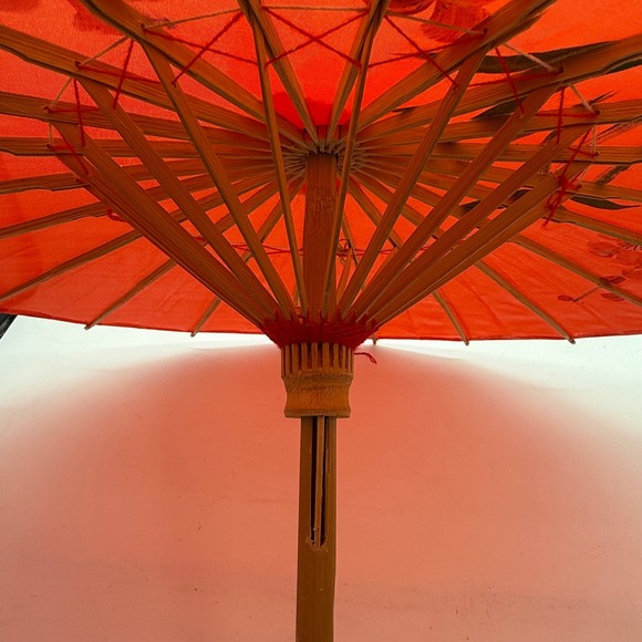 Red Asian Parasol Umbrella Cherry Blossom Bamboo Handle handprinted lot of 2 - Picture 2 of 9
